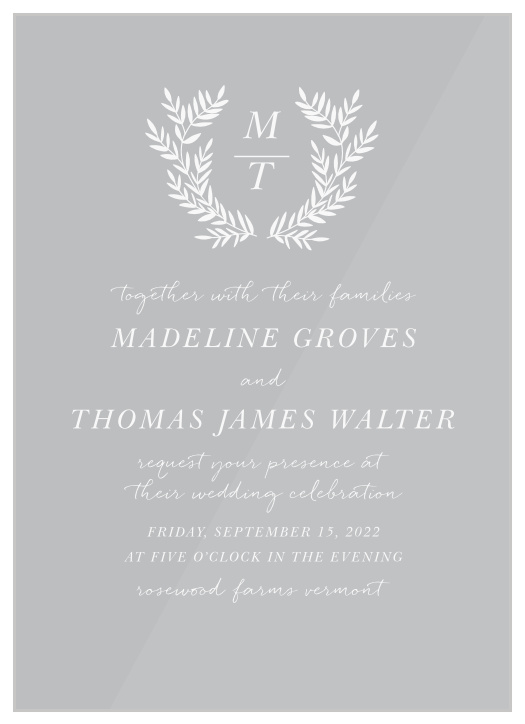 Your monogram is boldly stated and framed by elegant laurels at the top of our Botanical Monogram Clear Wedding Invitations. 