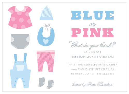 Having a reveal party? Our Baby Clothes Reveal Baby Shower Invitations will have your future guests on the edge of their seats.