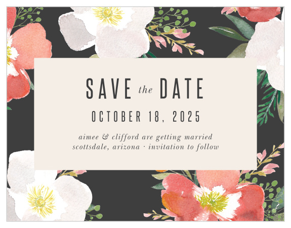 Our Spring Rose Save-the-Date Magnets have a stormy grey border that is contrasted with brightly colored hibiscus flowers. 