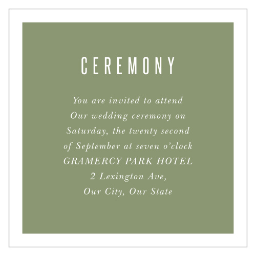 Our Spring Rose Ceremony Cards have a bright white border that frames your event details, atop a guacamole green backdrop.