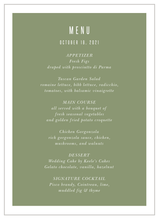 Our Spring Rose Wedding Menus have a bright white border that frames your menu details, atop a guacamole green backdrop.