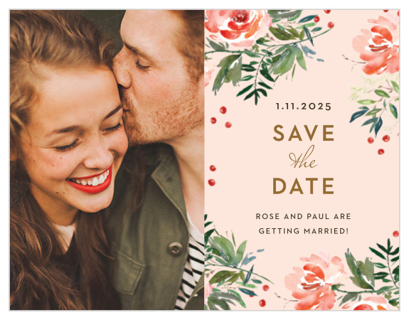 Winter Berries Save-the-Date Cards ensure that your guests have the information they need to mark their calendars well in advance. With your favorite photo decorating the lefthand side and lovely winterberry illustrations falling around your text, these cards are a gorgeous way to add your guests to the "definitely be there" list.