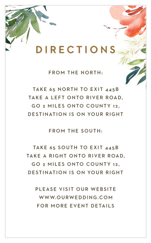 Guide your guests to the venue of your dreams with our lovely Winter Berries Direction Cards. A single flower adorns the top-right of the card while its brother branch adorns the left. Each line of your directions are written in a clean, easy-to-read print, ensuring that your guests know exactly where to be.