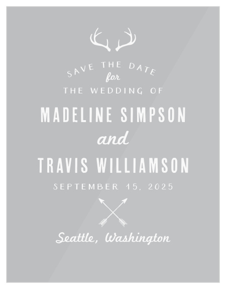 Our Rustic Antlers Clear Save-the-Date Cards are adorned with illustrations of antlers and crossing arrows.