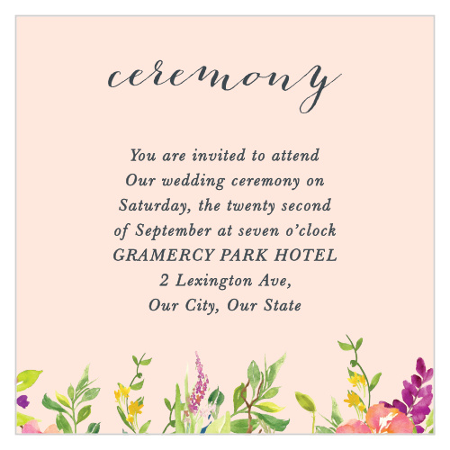 Make sure the most important people in your life make it to your rehearsal dinner or ceremony with our Spring Peach Ceremony Cards. 