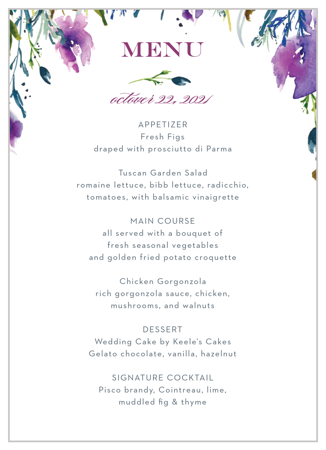 Lavender Blooms Wedding Menus