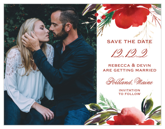 The focus of our breathtaking Christmas Pine Save-the-Date Cards is, as it should be, the two of you. Your choice of photo adorns the lefthand side of the card, complemented by all the details of your big day in swirling red typefaces. With a duo of red florals to border your text along the top and bottom, these cards are as stunning as they are useful.