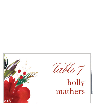 Your guests will find their seats quickly and easily with our Christmas Pine Place Cards. A gorgeous floral illustration decorates the lefthand side of the card while a combination of calligraphy and print guide your guests in a slightly darker red.