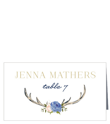 Help your guests find their seats using our stunningly rustic Floral Antlers Place Cards. A bright pseudo-gold spells out their name above the table number, while a pair of antlers stretches out to either end of your text.
