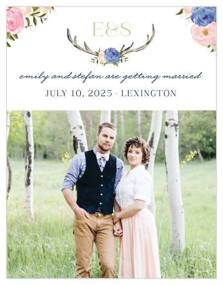 Give your friends and family plenty of advance notice with our stunning Floral Antlers Save-the-Date Cards. Decorated primarily by a photo of your choice along the bottom half of the card and with the details of your wedding day surrounded by blooming flowers, these cards are a perfect addition to your wedding plans.