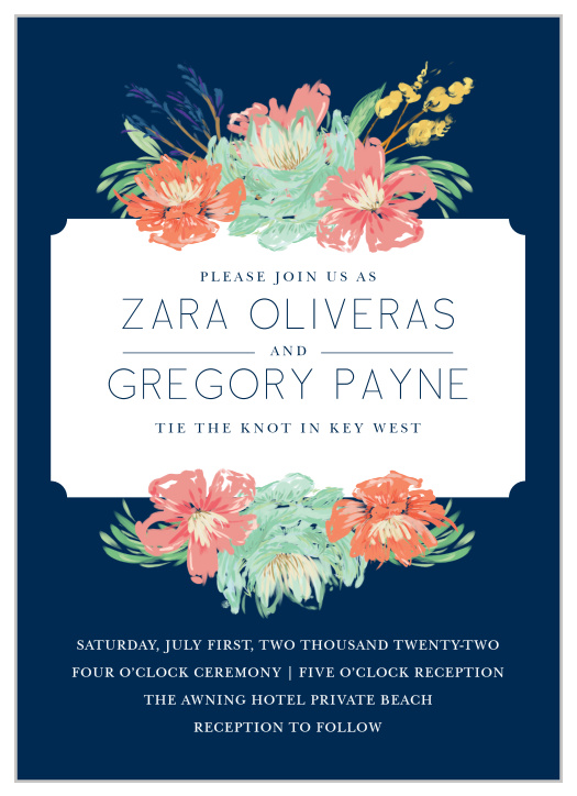 Enjoy the company of your friends and family when you use our Tropical Blooms Wedding Invitations to invite them. 