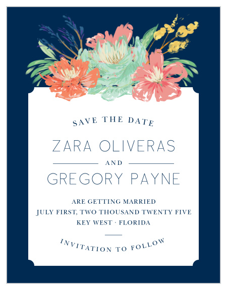 Make a spot on everyone’s calendar with our Tropical Blooms Save the Date Cards.