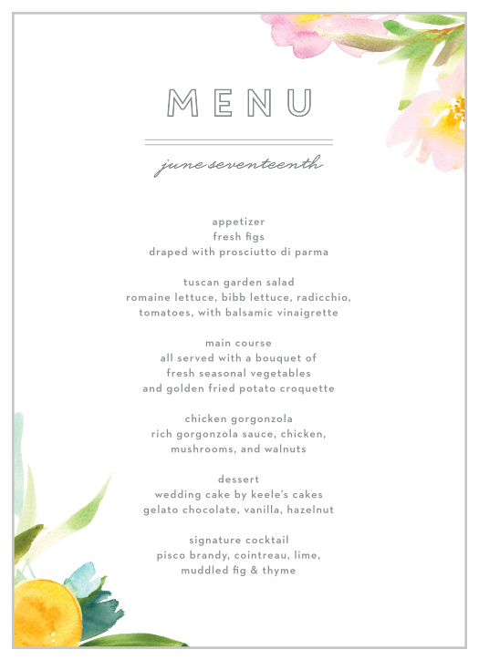 Treat your friends and family to a garden party picnic, a fine dining experience, or whatever else your occasion calls for with our Summer Bouquet Wedding Menus.