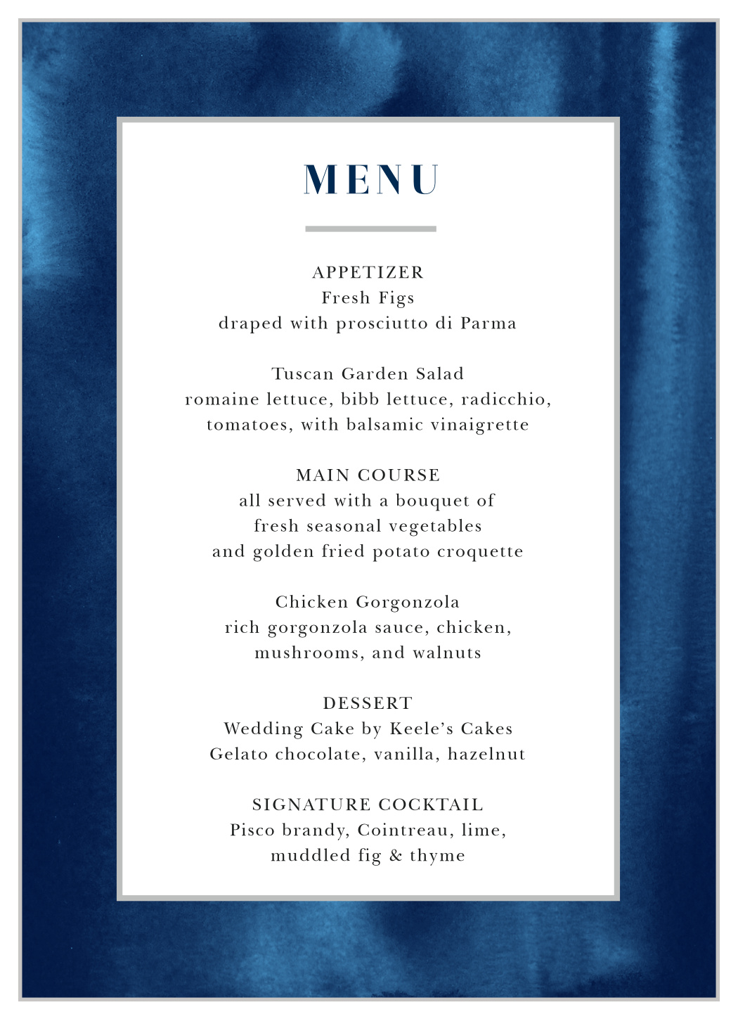 Indigo Watercolor Wedding Menus