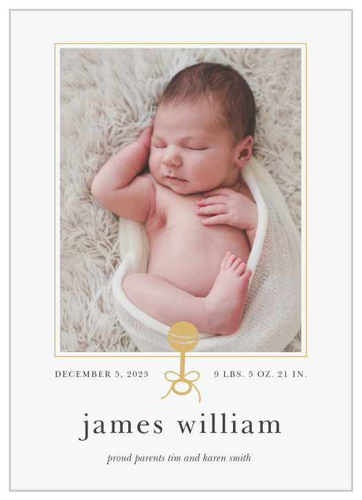 Our Golden Rattle Birth Announcements feature a simple design that makes a big impact. 