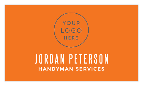 Your logo takes front and center stage on our Handyman Hammer Logo Business Cards, hovering just above your name in a clean-cut, white print- both of which contrast stunningly with the bright orange background.