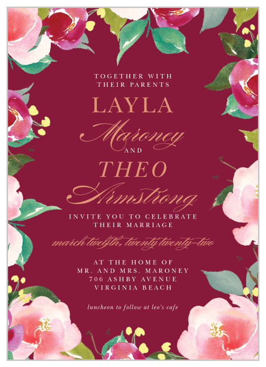 Enjoy the company of your friends and family on your big day when you use our Maroon Bouquet Wedding Invitations.