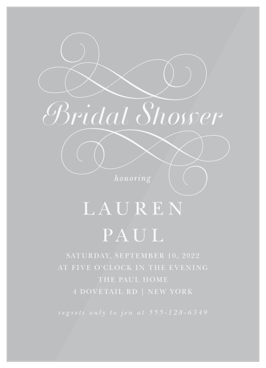Sophisticated swirls decorate our Mod Elegance Clear Bridal Shower Invitations, combined with a tasteful type that states your event details. 