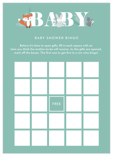 Our fun, light-hearted Friendly Forest Baby Shower Bingo keeps the good times going. 