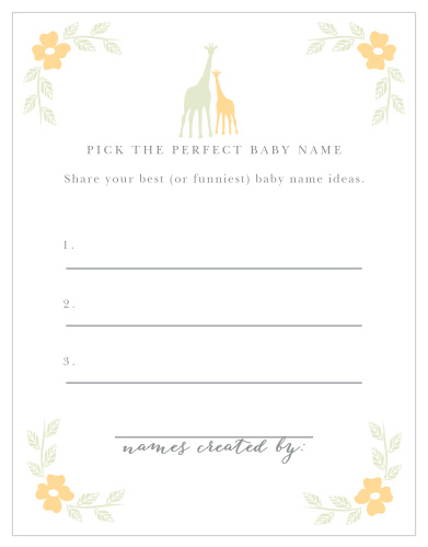 Our adorable Delicate Giraffe Baby Name Contest will have your shower guests beaming from ear to ear. 
