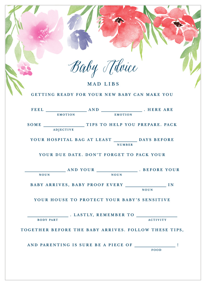Watercolor Garden Baby Shower Mad Libs