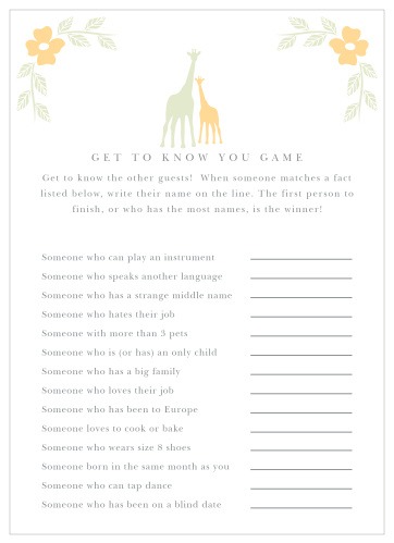 Our adorable Delicate Giraffe Get to Know You Game will have your shower guests beaming from ear to ear. 