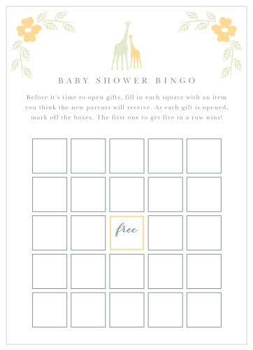Our adorable Delicate Giraffe Baby Shower Bingo will have your shower guests beaming from ear to ear. 