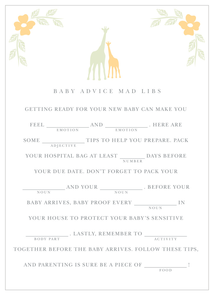 Delicate Giraffe Baby Shower Mad Libs