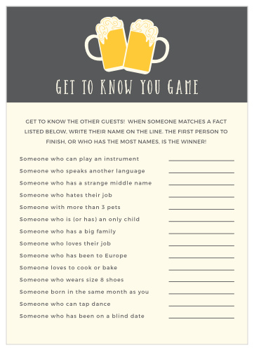 Turn conversation into a friendly competition with our gorgeous Baby Brewing Get to Know You Game. Customize the questions to reflect the interests and hobbies of your guests, then set your loved ones loose. With a pair of chilled, frothy beer glasses and questions in a clean-cut print to guide their talking points, you can be sure there won’t be any lulls in conversation at your party.