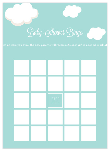 Keep the magic and surprise alive with our Special Stork Baby Shower Bingo. A classic bingo board decorates the card’s background alongside beautiful sky colors and neat typographies. Have your guests guess what’s in each gift, then hand out little rewards in turn!