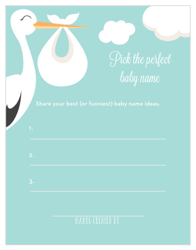 Take notes from the crowd with our gorgeous Special Stork Baby Name Contest, their suggestions becoming your new top ten or going straight into the “never use” pile. With your guests free to make up hilarious joke-names or offer their favorite real ones, the beautiful design of these cards is sure to make them the life of the party.
