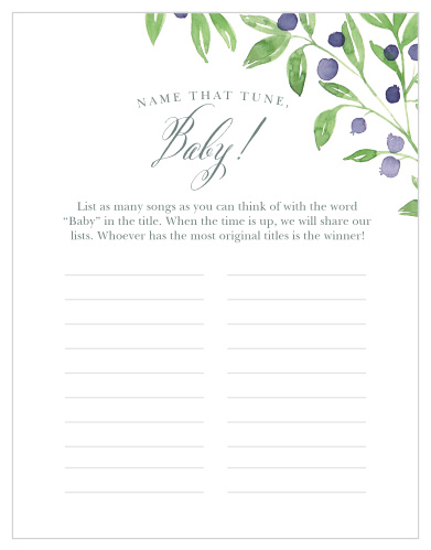 Scramble to think of the most original song titles with our simple, but hilarious, Farmer's Market Baby Song Contest. Choose a word- “baby” being the obvious choice- and set your guests loose, having them fill in each clear line with their favorite fitting songs. With grapevine illustrations and neat typefaces to give the card a flash of style, this game is sure to be a hit at your baby shower.