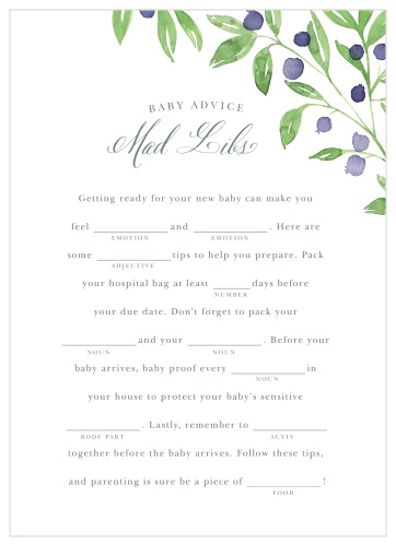 Have your friends and family fill in the blanks of our Farmer's Market Baby Shower Mad Libs for a hilarious new take on baby preparations. With botanical illustrations and a stunning duo of typefaces to augment your guests’ creativity, these cards will be a well-loved addition to your baby shower.