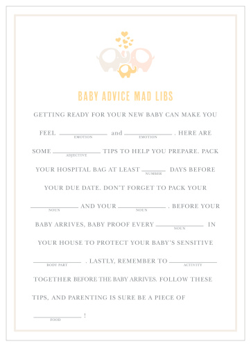 Delight your shower guests with our adorable Baby Elephant Baby Shower Mad Libs.