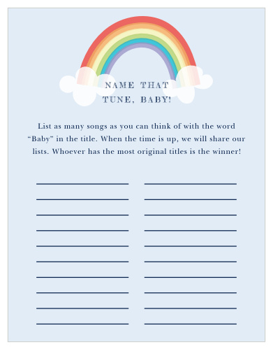 Scramble to think of the most original song titles with our simple, but hilarious, Colors of the Rainbow Baby Song Contest. Choose a word- “baby” being the obvious choice- and set your guests loose, having them fill in each clear line with their favorite fitting songs. With gorgeous rainbow and sky coloration and a duo of delightful typographies to give the card a flash of style, this game is sure to be a hit at your baby shower.