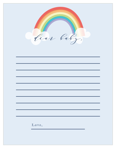Collect the sweet sentiments and tender thoughts of your friends and family with our stunning Colors of the Rainbow Letter to Baby. Featuring a stunning ensemble of colorful arches, billowing clouds, and neat calligraphy against the blue background, your guests can use these beautiful pages to introduce themselves to the newest member of your family- before they’ve even been born.