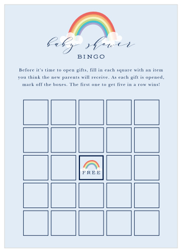 Keep the magic and surprise alive with our Colors of the Rainbow Baby Shower Bingo. A classic bingo board decorates the card’s background alongside the bright, colorful arches of the rainbow above and neat calligraphy spelling out the title. Have your guests guess what’s in each gift, then hand out little rewards in turn!