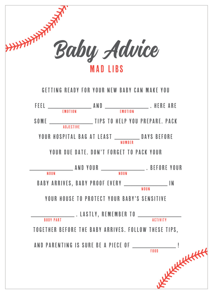 Baseball Baby Baby Shower Mad Libs