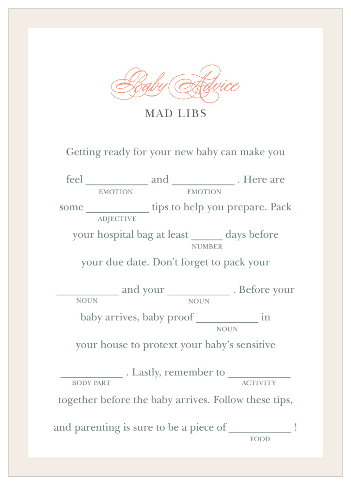 Once Upon A Time Baby Shower Mad Libs
