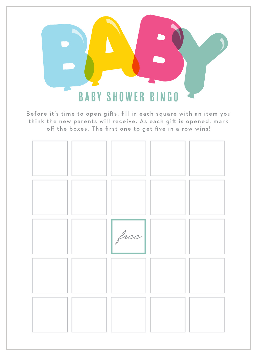 Bubble Balloons Baby Shower Bingo