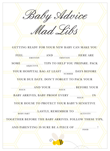 Make a buzz with our Mommy To Bee Baby Shower Mad Libs. 