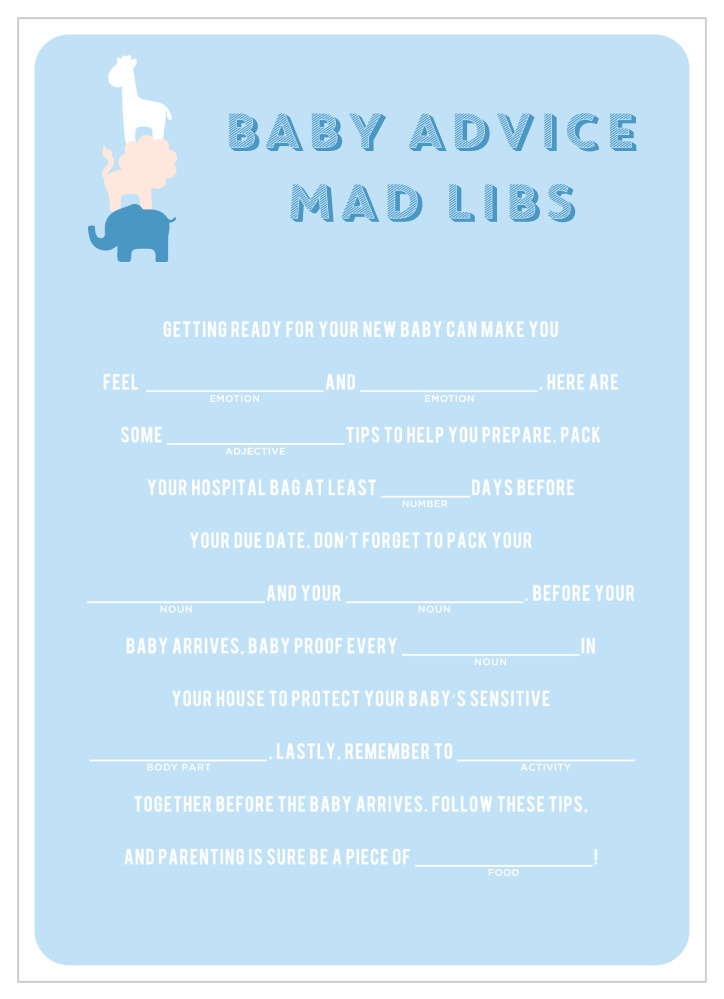 Safari Soiree Baby Shower Mad Libs