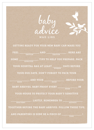 Have your friends and family fill in the blanks of our Kraft Woodland Baby Shower Mad Libs for a hilarious new take on baby preparations. 