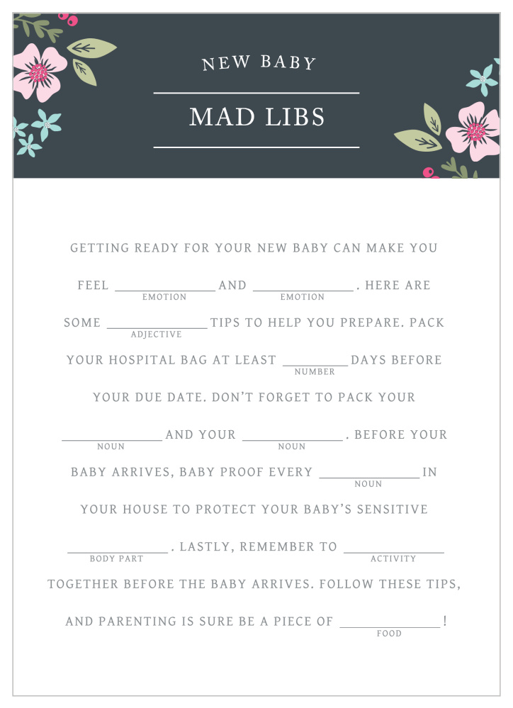 Garden Flowers Baby Shower Mad Libs