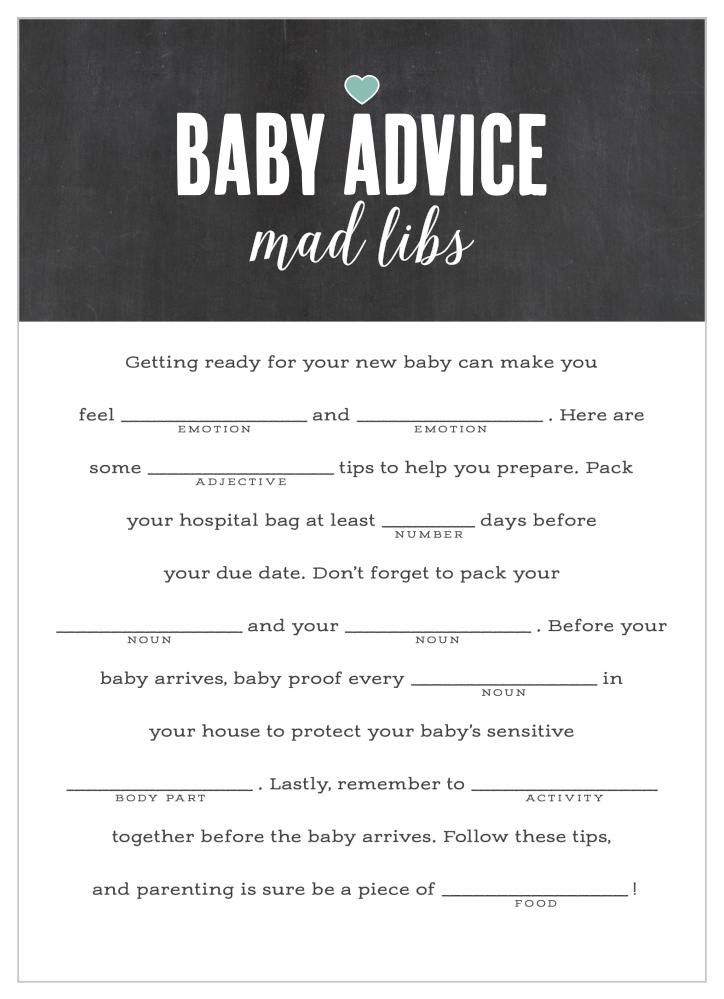 Chalkboard Writing Baby Shower Mad Libs