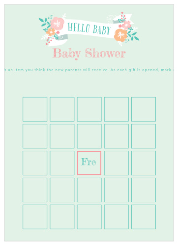Our Hello Baby Baby Shower Bingo Game features a classic bingo board that decorates the card’s background amidst curling calligraphy and a darling, floral banner.
