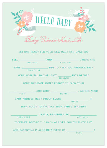 Have your friends and family fill in the blanks for a hilarious new take on baby preparations with our Hello Baby Baby Shower Mad Libs.