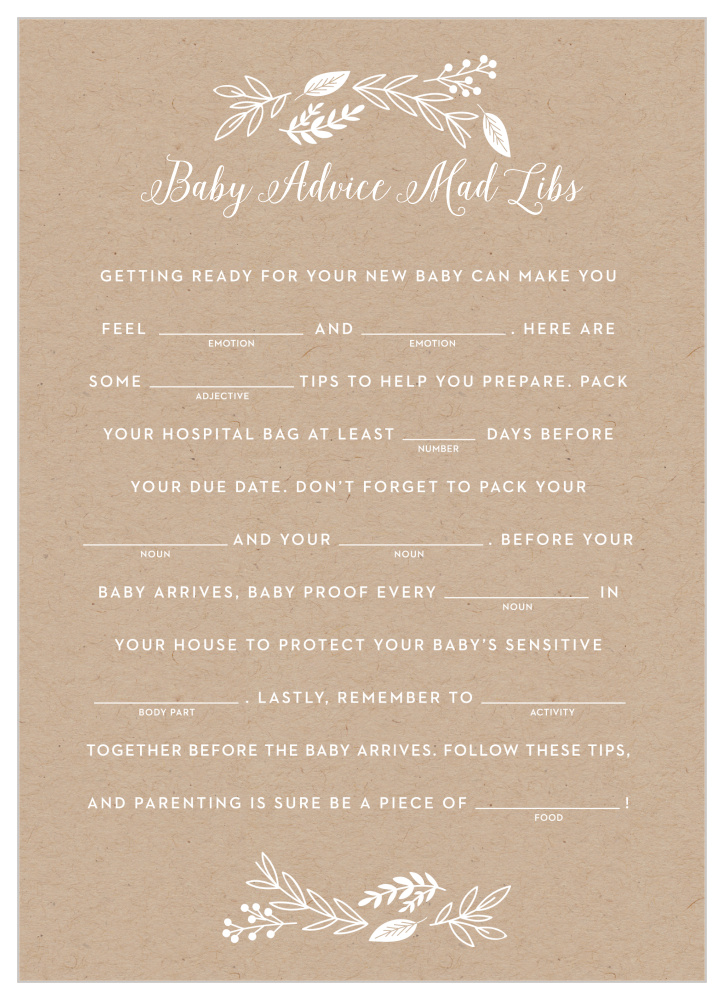 Petit Jardin Baby Shower Mad Libs