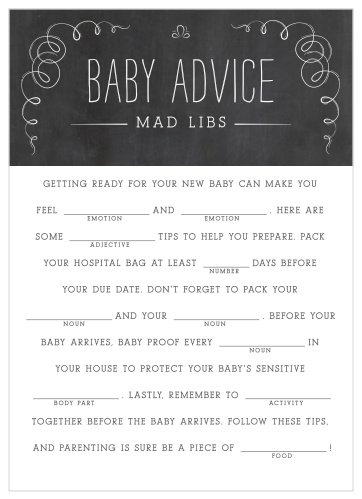 Bring it back to the basics with our Chalkboard Love Baby Shower Mad Libs. 