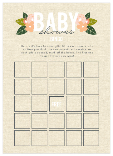 Keep the magic and surprise alive with our Herbaceous Babe Baby Shower Bingo. A classic bingo board decorates the card’s background alongside floral illustrations and classic typography. Have your guests guess what’s in each gift, then hand out little rewards in turn!